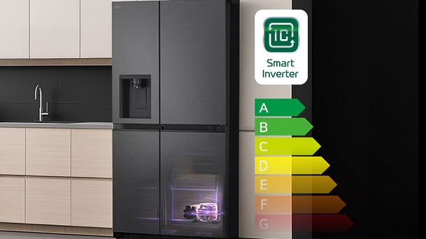 LG fridge freezer with Smart Inverter Compressor in a modern kitchen, shown with energy efficiency rating scale from A to G, highlighting its energy-saving performance.